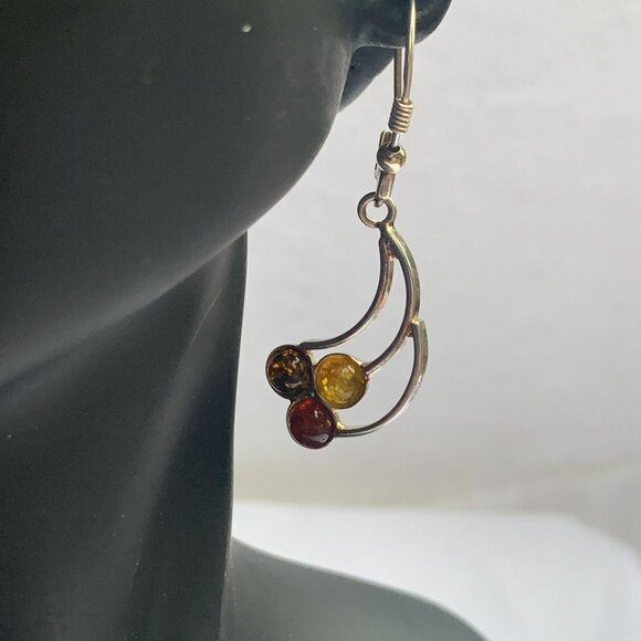 Amber Dangle Earrings With Sterling Silver Hooks & Multicolor Gemstones - Picture 8 of 8